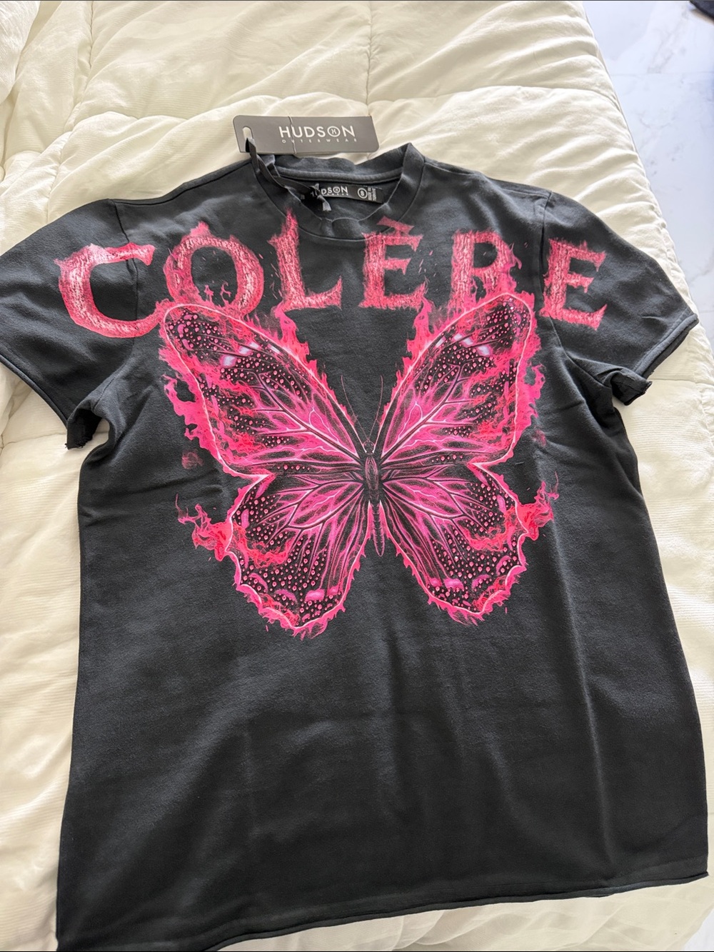 Hudson Black Short Sleeve Tee with Neon Pink Butterfly Graphic